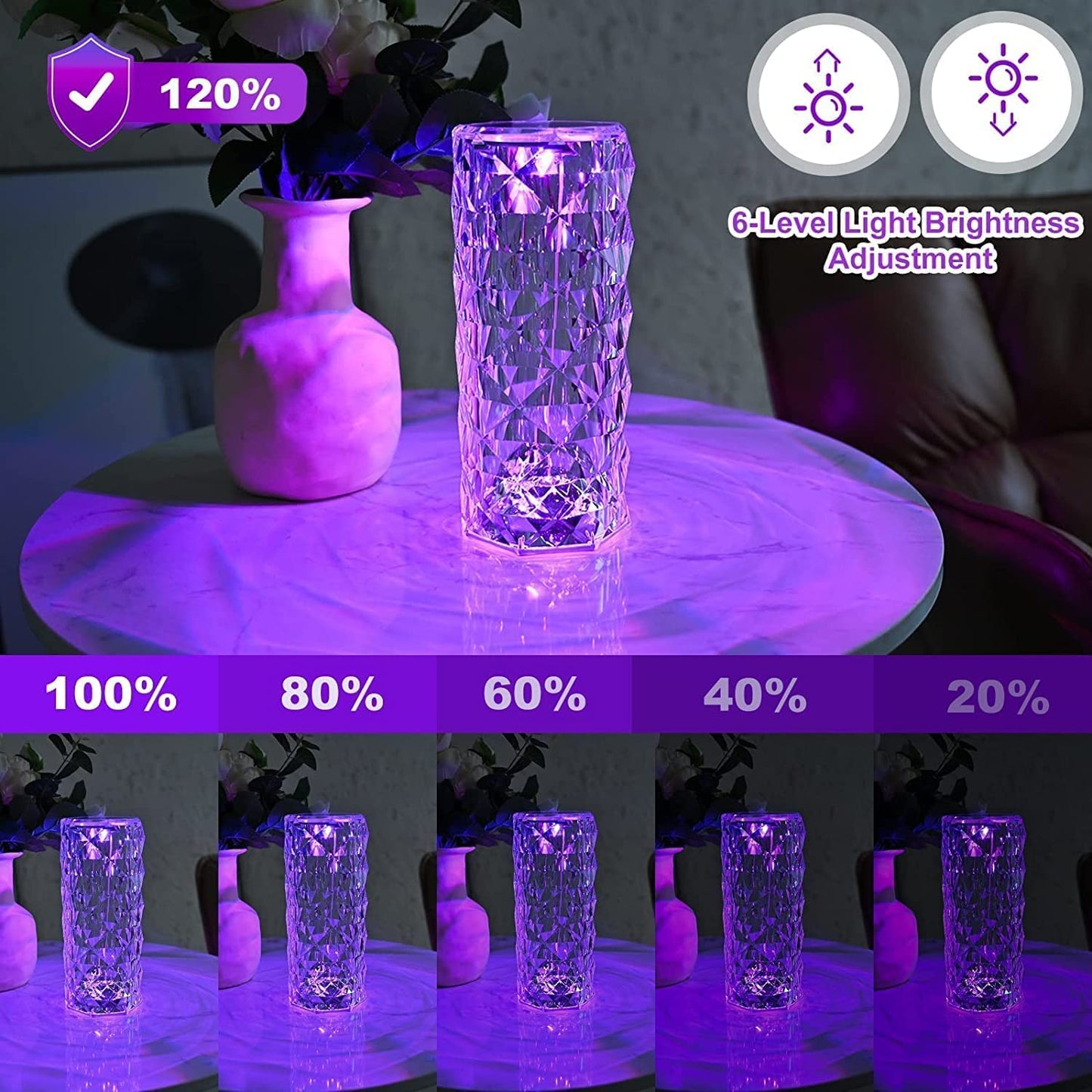 UK-0228 rystal Lamp,16 Color Changing Rose Crystal Diamond Table Lamp,USB Rechargeable Touch Bedside Lamp Night Light with Remote Control, for Bedroom Living Room Party Dinner Decor