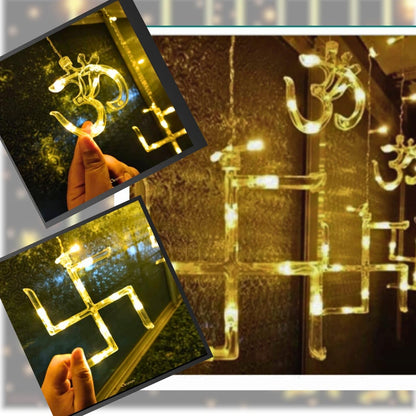 UK-0648 SWASTIK OM Curtain LED Lights for Diwali , Curtain String Lights with 8 Flashing Modes, Decoration for Christmas, Wedding, Party