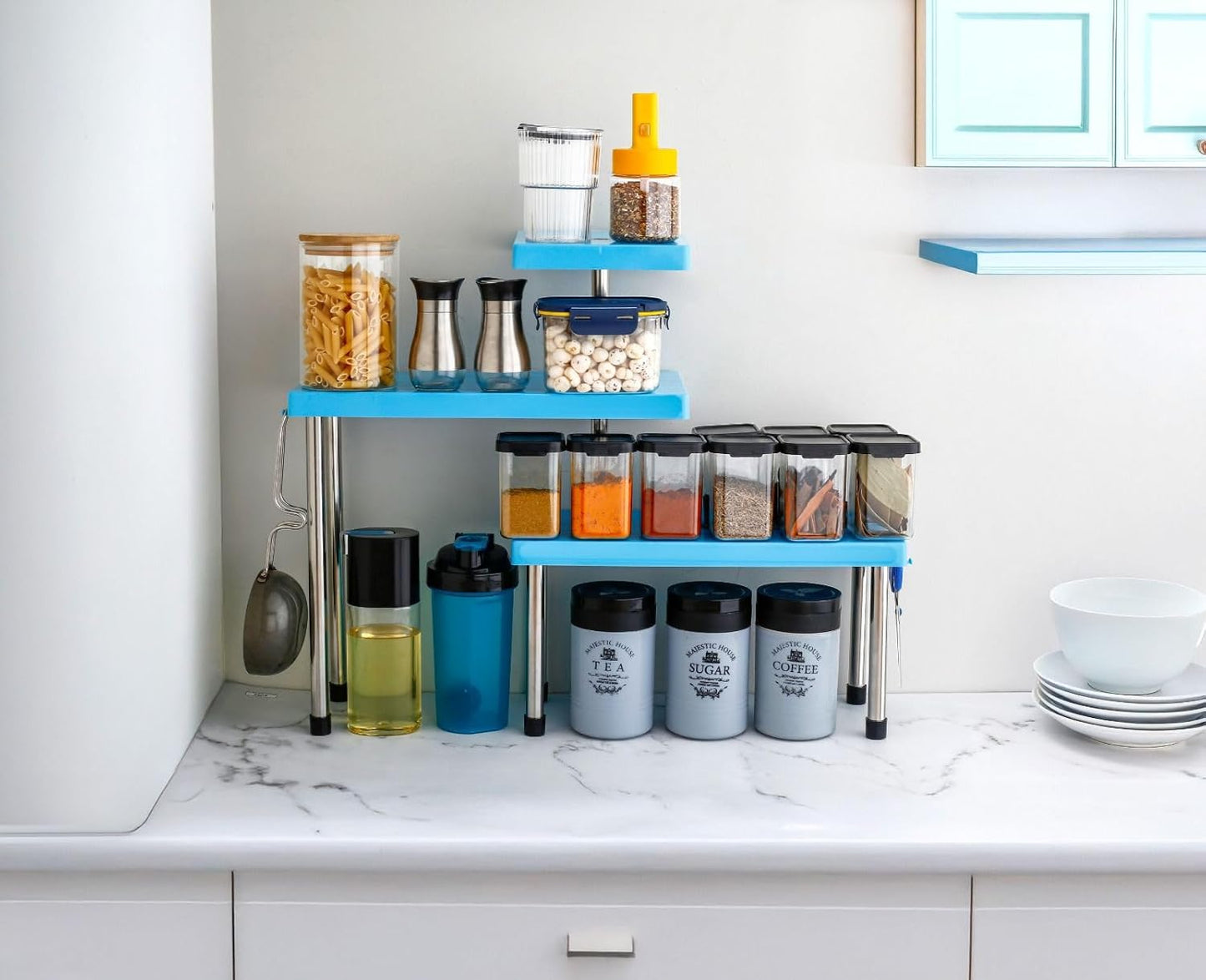 UK-1087 Countertop Organizer Rack | 3 Tier | Kitchen Corner Shelf | Space-Saving | Adjustable Counter top Stand for Spice Jars and Bottles | Multi-Purpose Storage Shelf for Cabinet & Bathroom