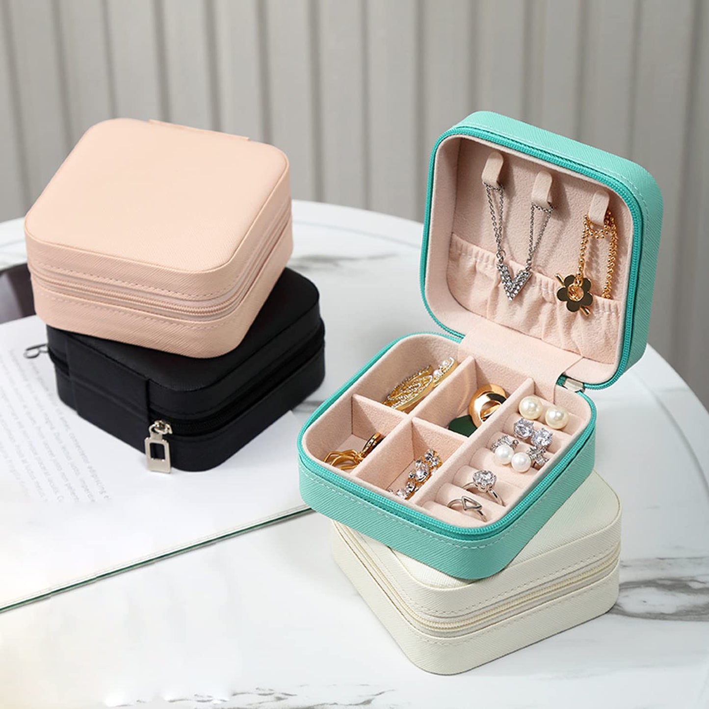 UK-0348 Leather Small Jewelry Box, Travel Portable Jewelry Case For Ring, Pendant, Earring, Necklace, Bracelet Organizer Storage Holder Boxes