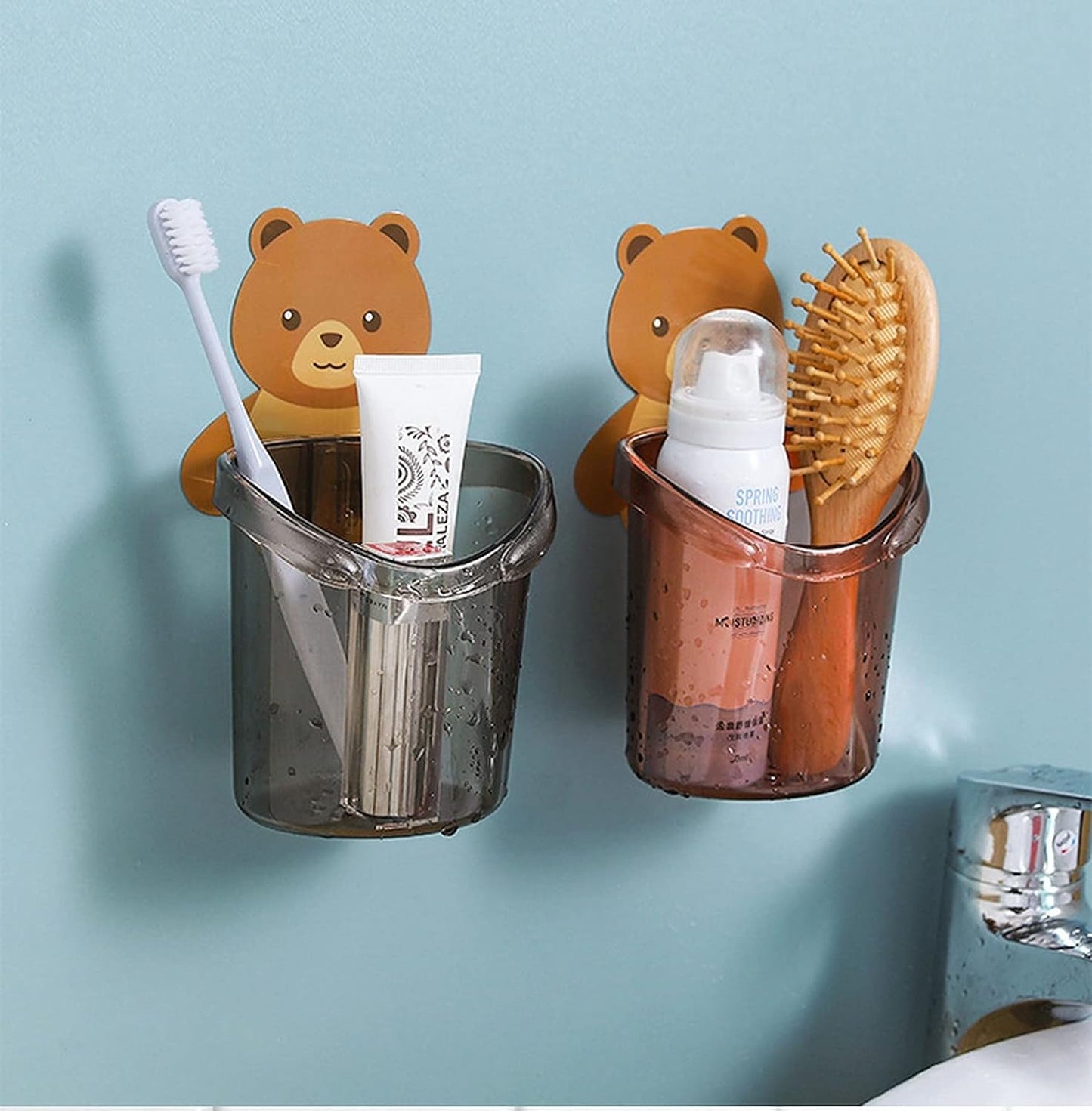 UK-0287 Teddy Bear Tooth Brush Holder - Self Adhesive Wall Mounted Multipurpose Teddy Bear Toothbrush Holder Cup with Strong Adhesive Sticker