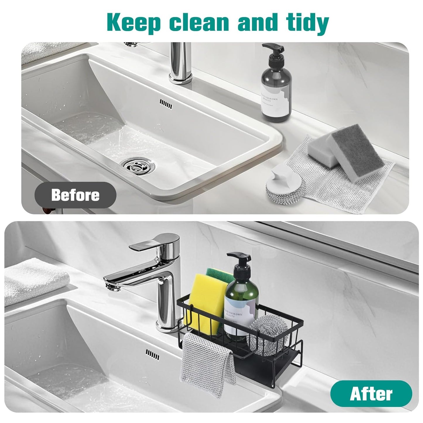 UK-1069 Sink Storage Rack, Kitchen Organiser, Stainless Steel Storage Box with Drip Tray, Suitable for Storing Sponges, Towels and Tea Towels