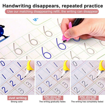 UK-0103  Magic Practice Copybook for Kids, Handwriting Workbook, Reusable Writing Practice Book for Preschools- Alphabet Number Math Drawing Groove Copybook | 4 Books with Pens, Refills