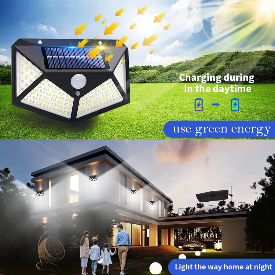 UK-0035 Solar Lights 100 LED Solar Security Light with Waterproof Wall Light Solar Powered and 3 Modes for Outdoor 1200mAh