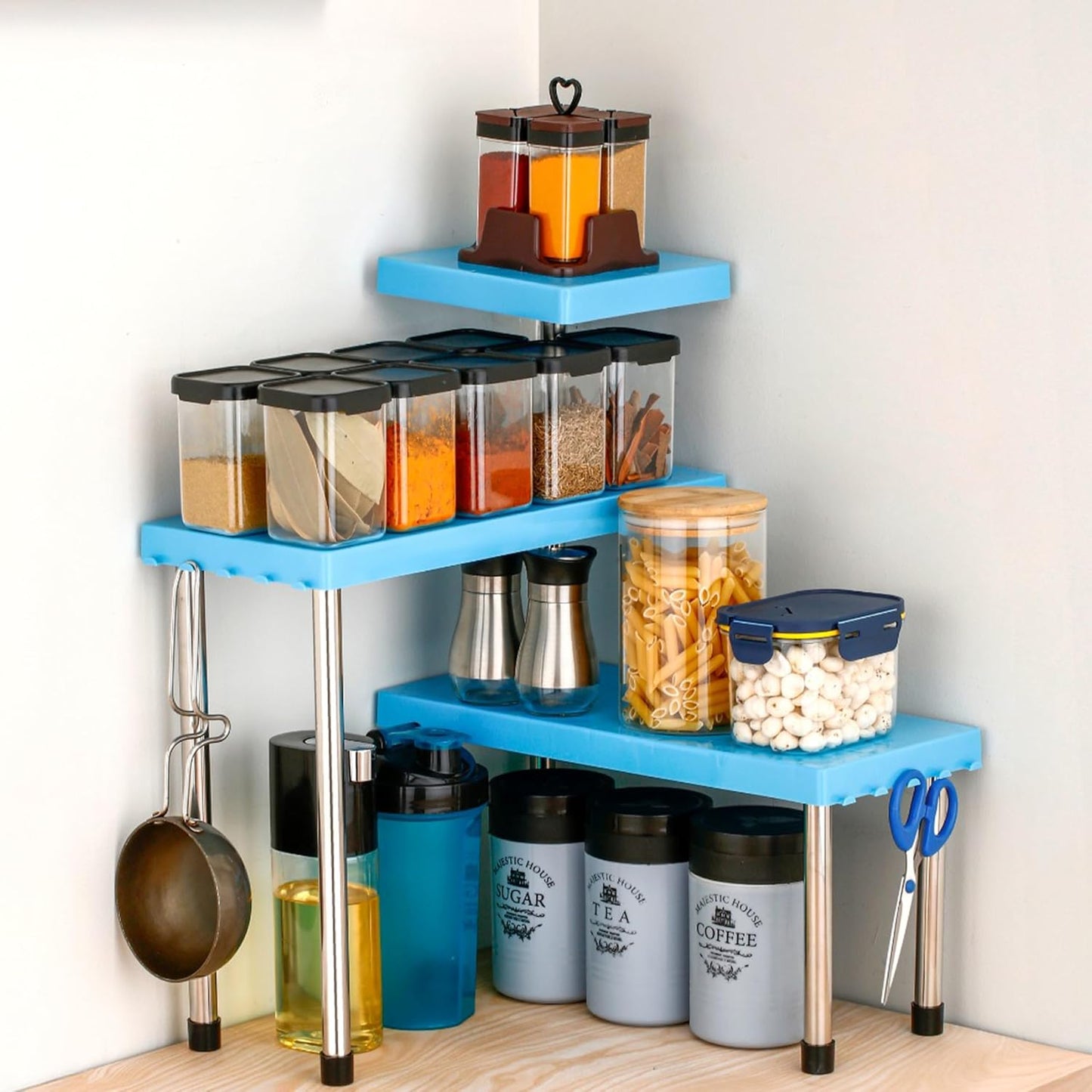 UK-1087 Countertop Organizer Rack | 3 Tier | Kitchen Corner Shelf | Space-Saving | Adjustable Counter top Stand for Spice Jars and Bottles | Multi-Purpose Storage Shelf for Cabinet & Bathroom
