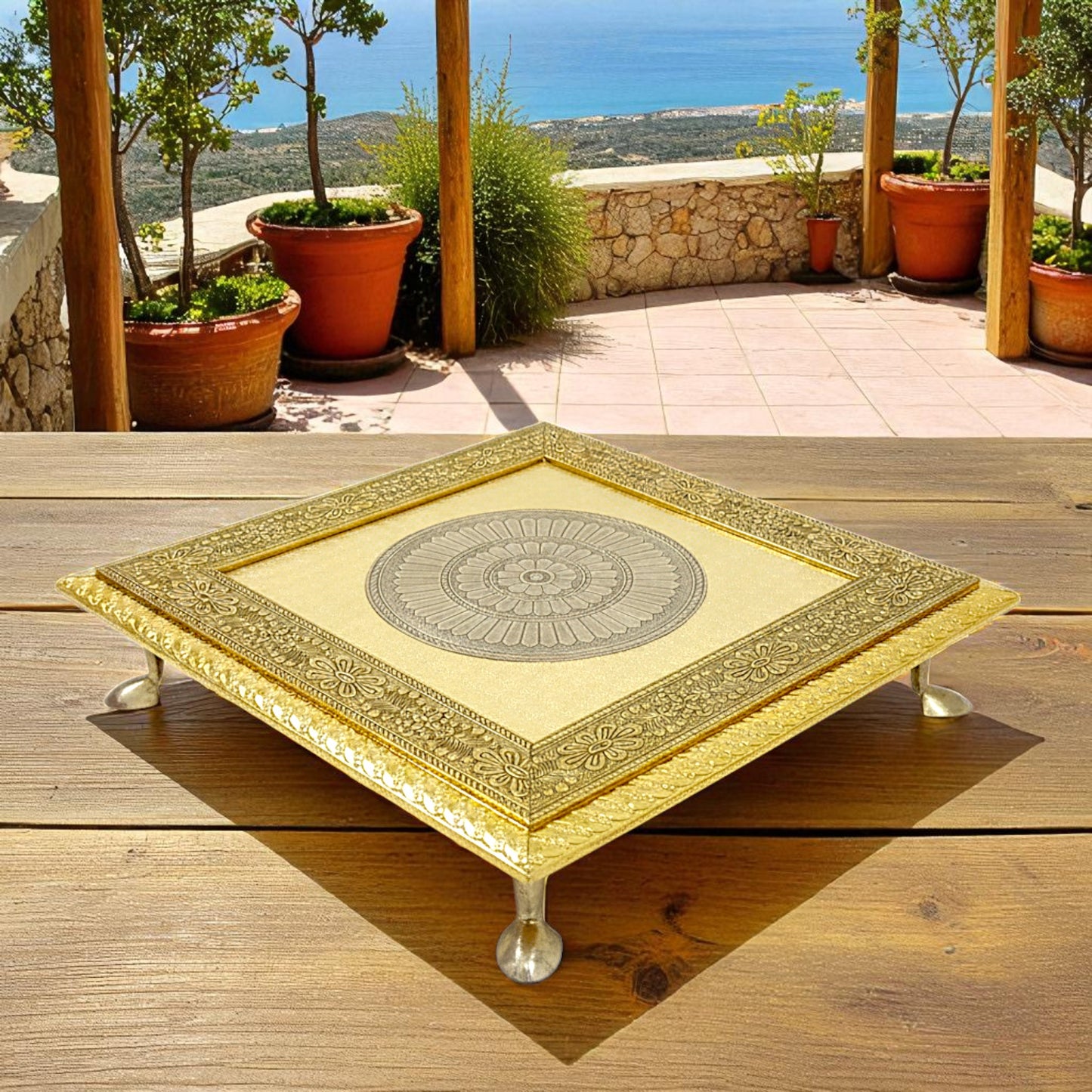 UK-1006 Golden - Square Pooja Chowki Patla/Bajot (20×20 CM / 1 Pc)