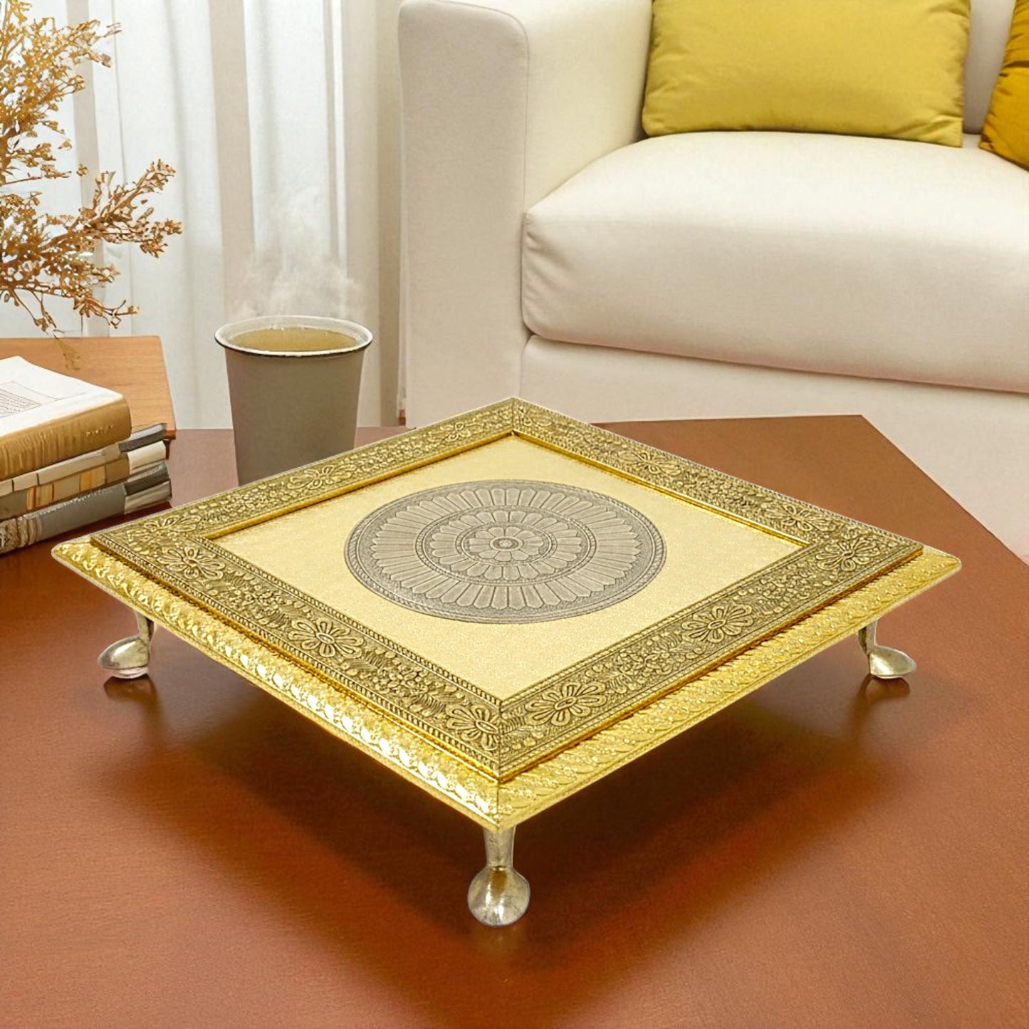 UK-1006 Golden - Square Pooja Chowki Patla/Bajot (20×20 CM / 1 Pc)