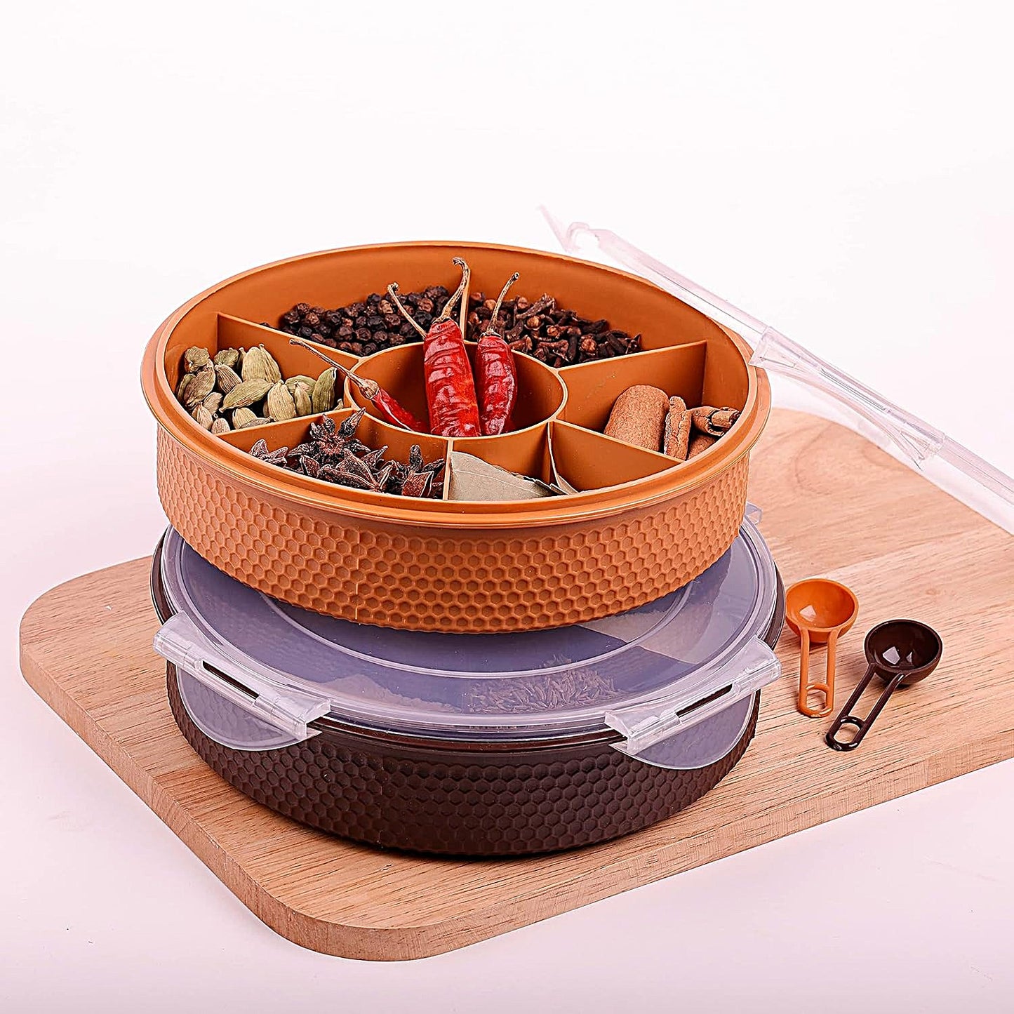 UK-0976 7 Section Round Shape Multi-Purpose Storage Box for Storing Spice, Dry Fruits, Herbs, Masala Box with Transparent Lid Leak Proof, Air Tight Plastic Masala Dabba | Masala Container