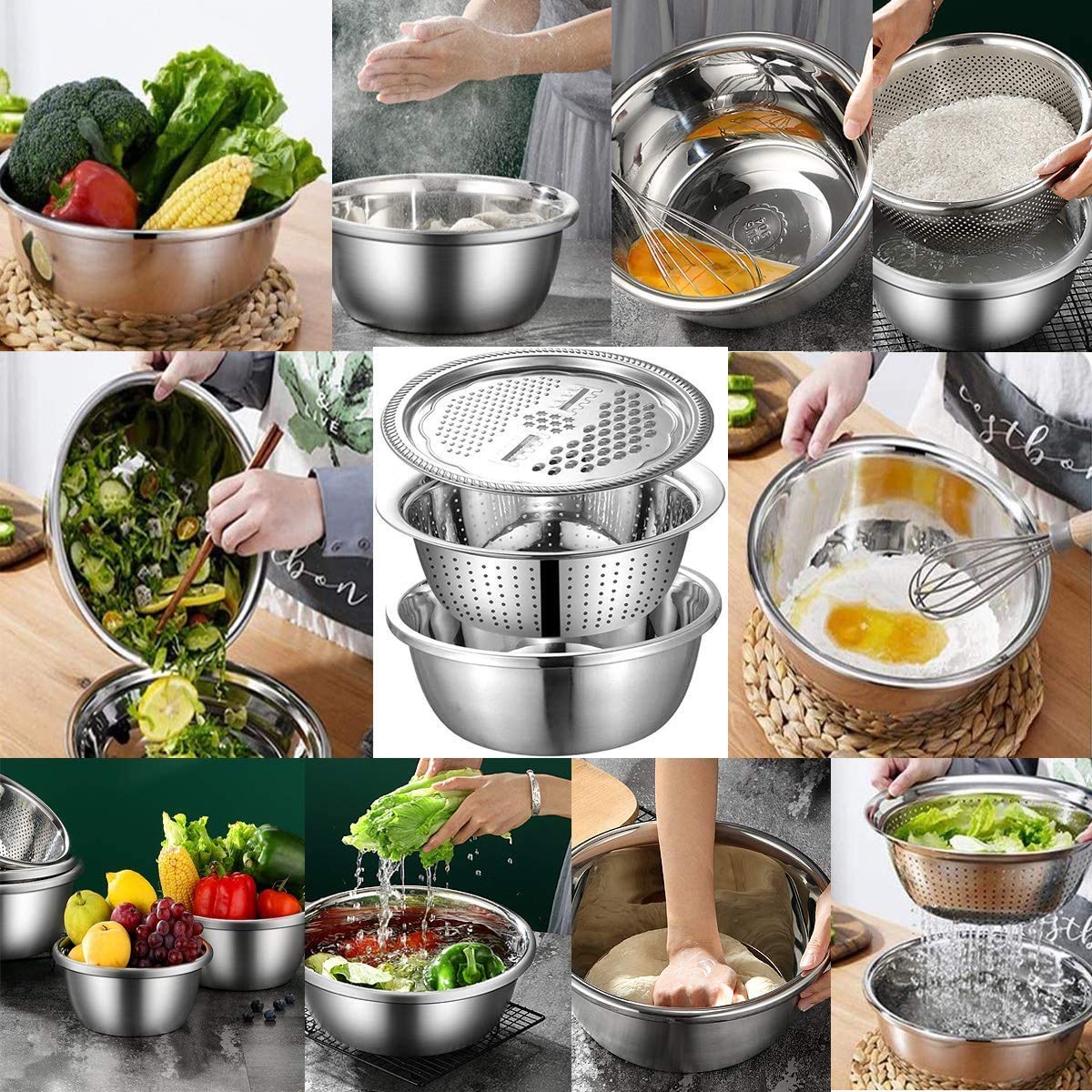 UK-0402 3 in 1 Kitchen Multipurpose Julienne Grater Salad Stainless Steel Maker Bowl, Drain Basket, Julienne Graters for Vegetable Cutter