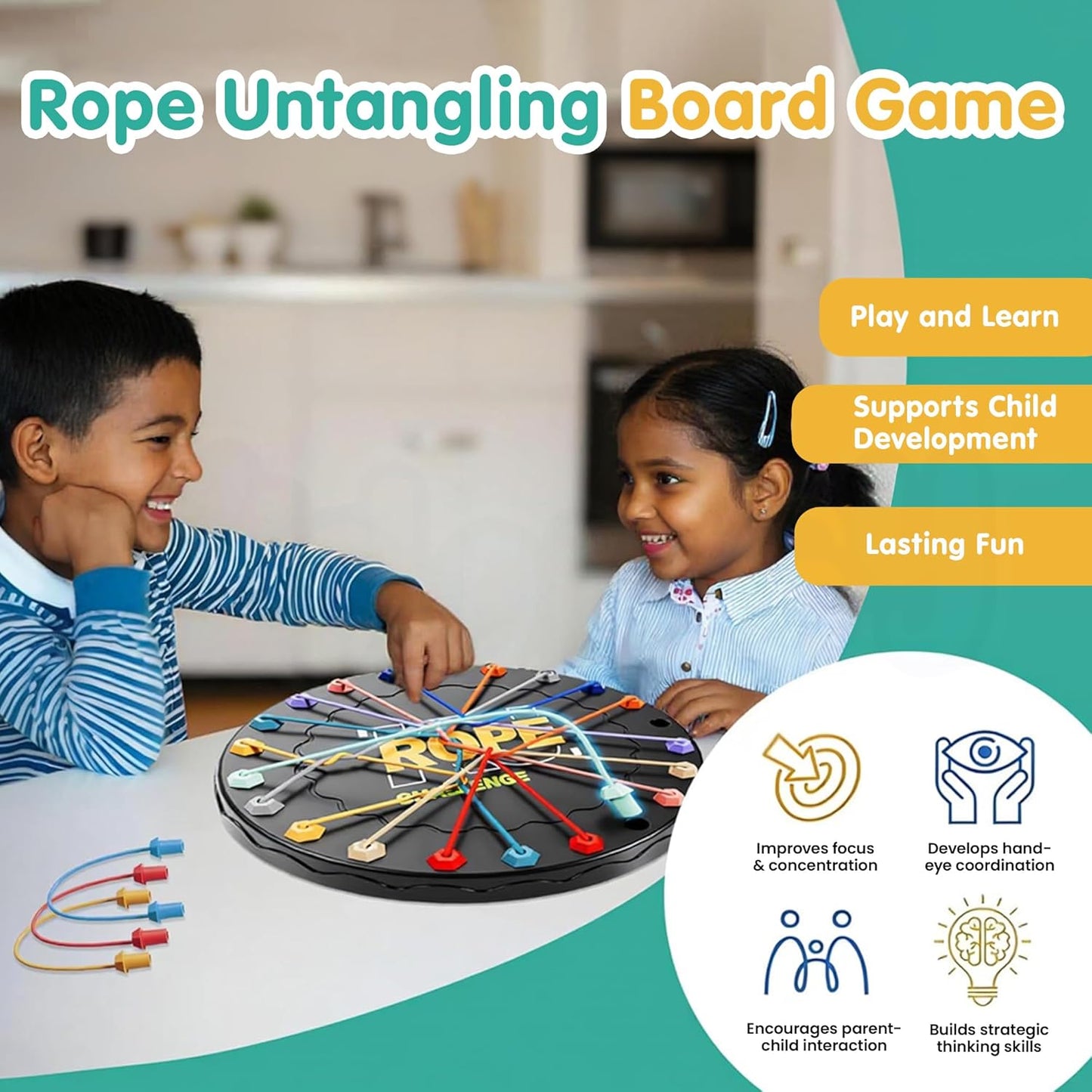 UK-1017 Rope Challenge Board Game, Interactive Puzzle with 10 Elastic Ropes, Family Game, Brain Boosting Family Game for Ages 3+
