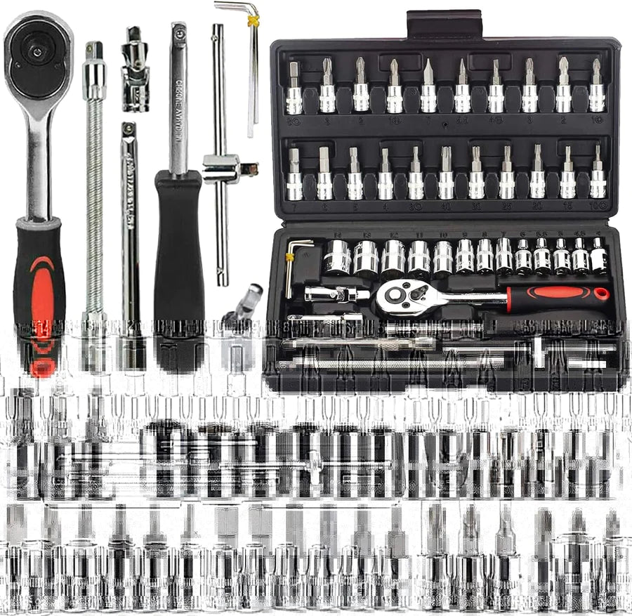 UK-0066 46 in 1 Heavy Duty 1/4" Combinational Ratchet Socket Wrench Spanner 46 Pieces Chrome Vanadium Hand Tool Kit Set For Repairing Work, DIY, Auto Repairs Car & Bike