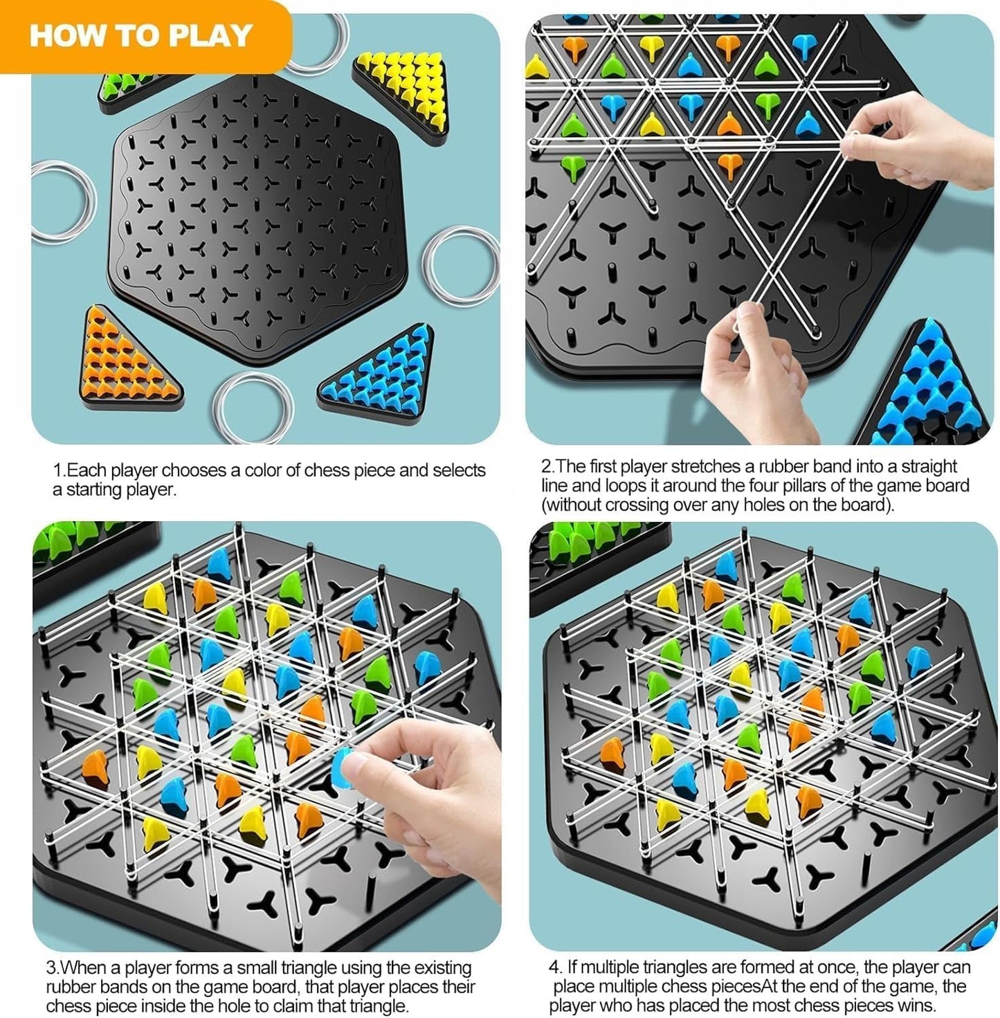 UK-1046 Geometry Chess Game – Rubber Band Strategy Puzzle Board for Kids & Family | STEM Brain Development Triangle Game | Colourful Pegs | Logical Thinking Toy 2-4 Players