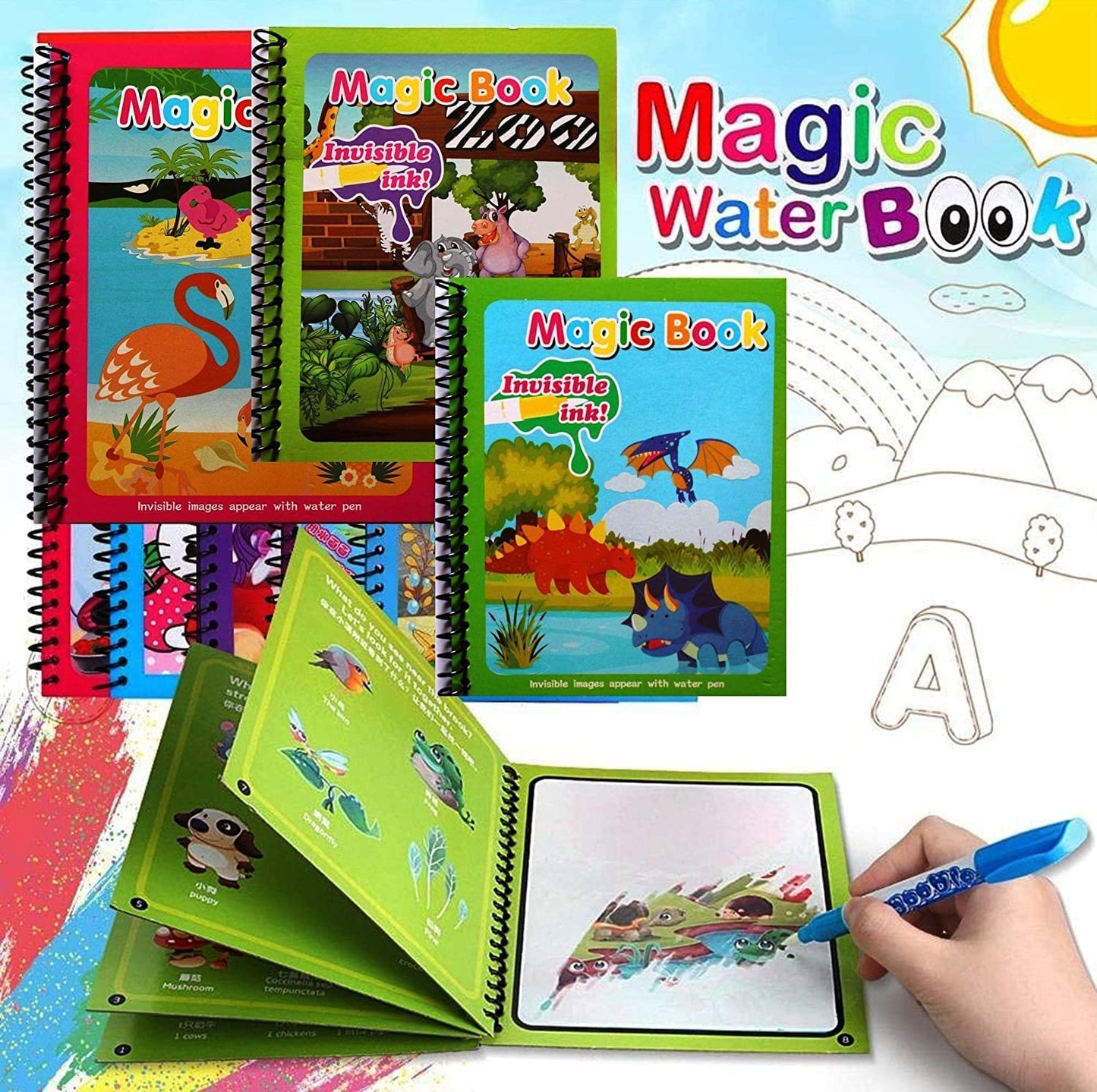 UK-0212 Magic Water Quick Dry Book for Water Coloring with Magic Pen Painting Board for Children Education Drawing Pad (Random Design & Assorted Color)