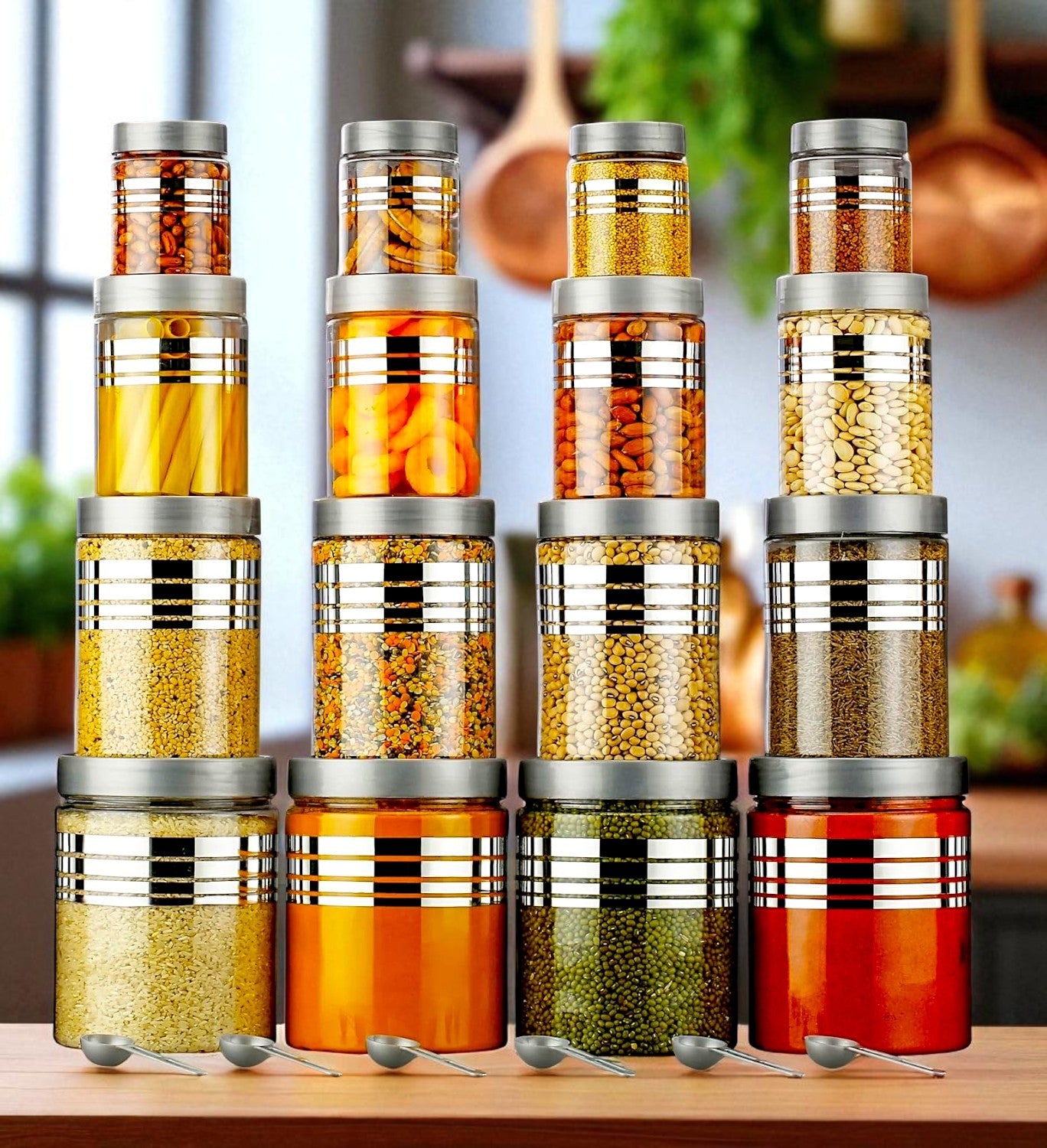 Plastic Storage Jar And Container Set With Spoons Air Tight|Kitchen Use Organiser Improved Line Printed