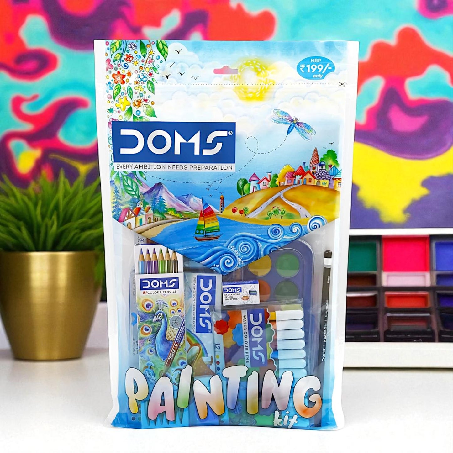 UK-0989 Doms Painting Kit | Perfect Value Pack | Kit for School Essentials | Gifting Range for Kids | Combination of 9 Painting & Coloring Items