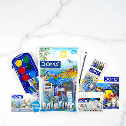 UK-0989 Doms Painting Kit | Perfect Value Pack | Kit for School Essentials | Gifting Range for Kids | Combination of 9 Painting & Coloring Items