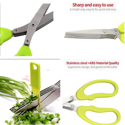 UK-0223 Multifunction 5 Blade Vegetable Stainless Steel Herbs Scissor with Blade Comb