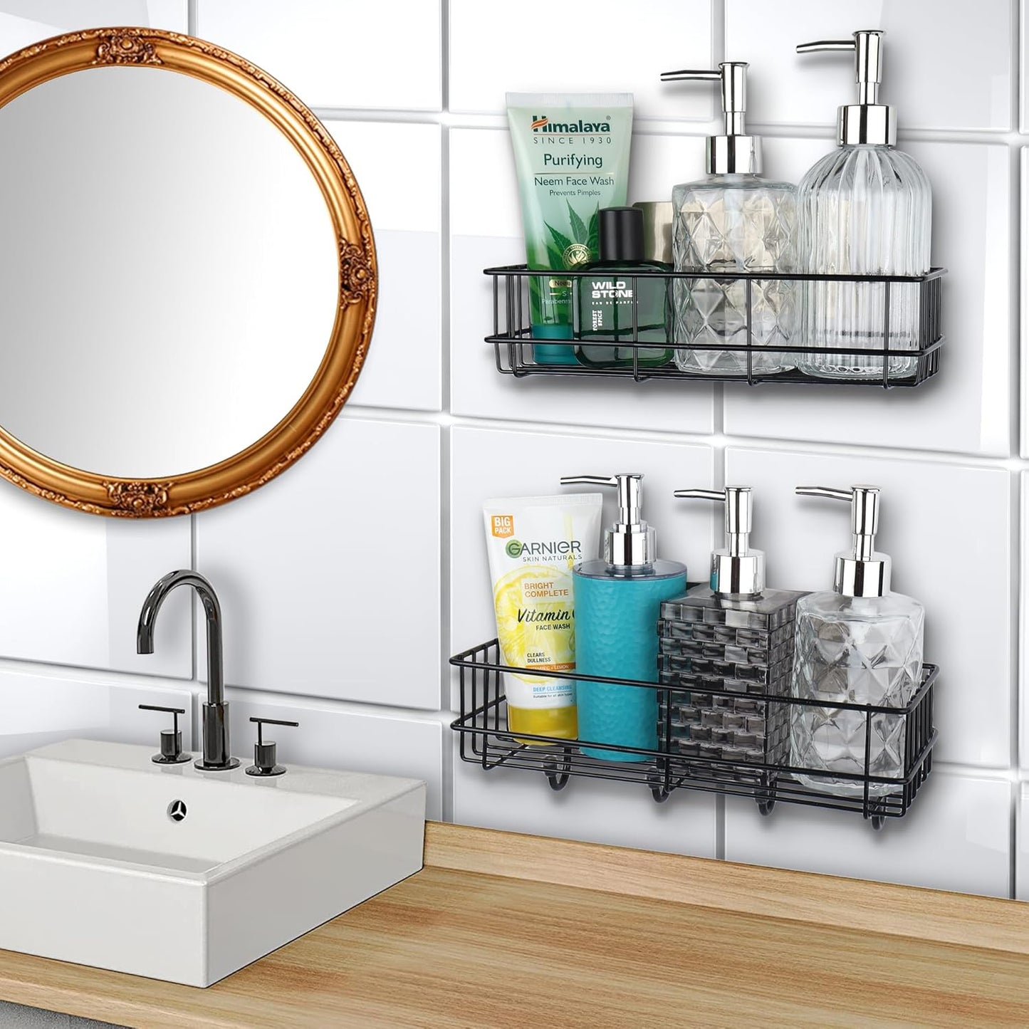UK-0867 Self-Adhesive Bathroom Shelf with Hooks - Space-Saving Wall Mounted Shelf for Bathroom Essentials