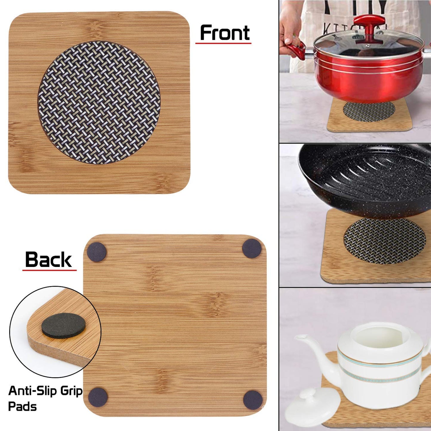 UK-1074 Wood Coasters For Hot Tea/Coffee Cups, Heat Insulation Pad Table Mats Placemats For Big Pans (Big Size, 17x17 cm)