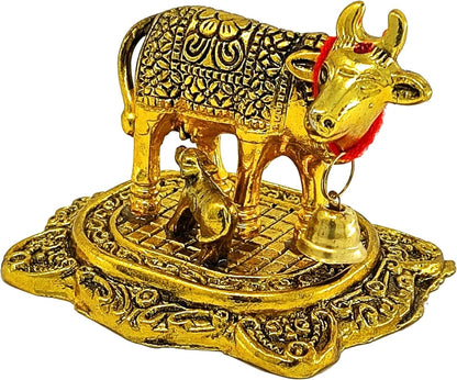 UK-0994 Golden Kamdhenu Cow and Calf Idol for Home Decor | Decorative Showpiece for Mandir, Office & Gift Purpose