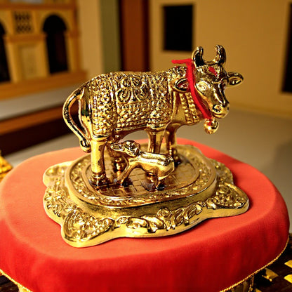UK-0994 Golden Kamdhenu Cow and Calf Idol for Home Decor | Decorative Showpiece for Mandir, Office & Gift Purpose