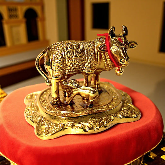 UK-0994 Golden Kamdhenu Cow and Calf Idol for Home Decor | Decorative Showpiece for Mandir, Office & Gift Purpose