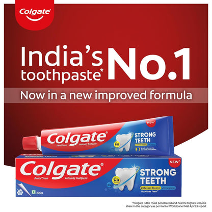 Colgate Strong Teeth,  India’s No: 1 Toothpaste Brand, Calcium-boost Tooth Paste for 2X Stronger Teeth, Whitens Teeth, Fresh Breath & Prevents Cavities