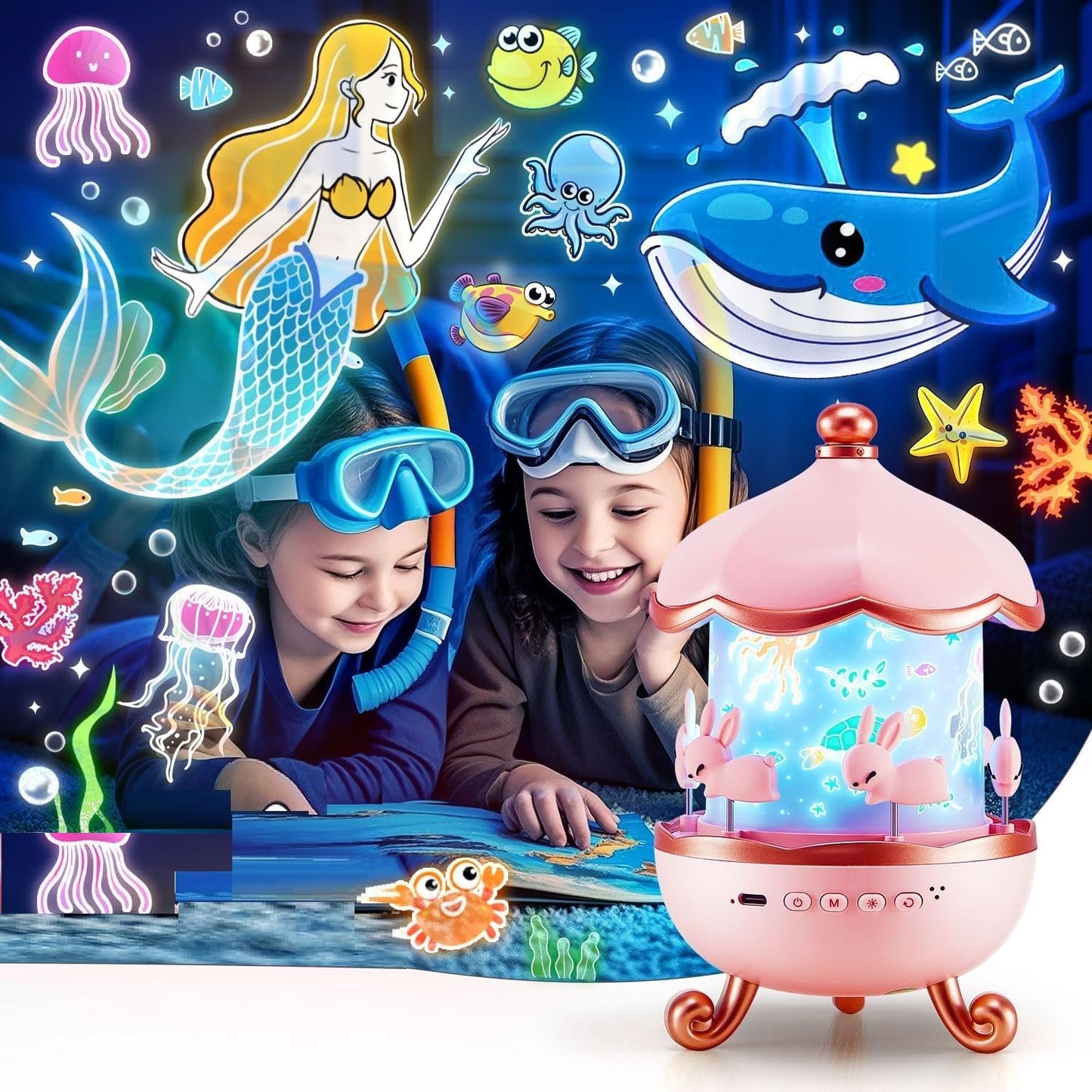 UK-0876 Rabbit Night Light Projector, 360° Rotatable 6 Films Shade Rechargeable LED Night Light Lamp for Kids Room, Nursery Room Decor, Birthday Decor Gift for Kids (Light Projector)