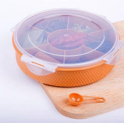 UK-0976 7 Section Round Shape Multi-Purpose Storage Box for Storing Spice, Dry Fruits, Herbs, Masala Box with Transparent Lid Leak Proof, Air Tight Plastic Masala Dabba | Masala Container