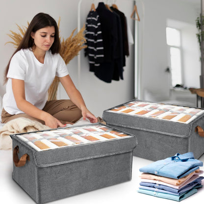 UK-0855 Storage Bins With Lids, Transparent Lids Window Fabric Storage Boxes, Foldable Storage Baskets With Handles, Closet Organizers And Storage Bins For Clothes