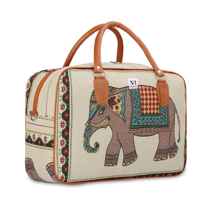 UK-1034 Canvas Duffle Travel Bag for Men and Women, Handmade Indian Ethnic Elephant Print Single Compartment Luggage Travelling Duffel for Women, Stylish Cabin Size Air Hand Bag
