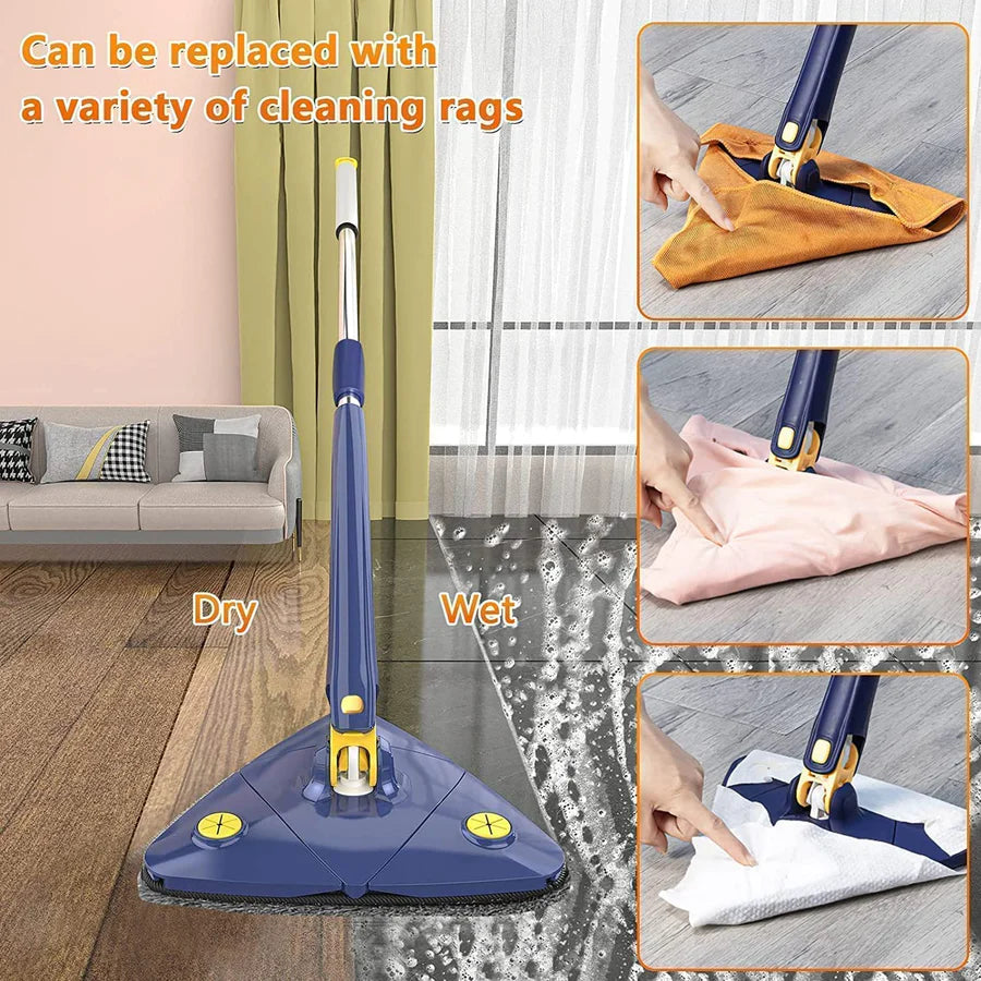 UK-0011 360° Rotatable Adjustable Triangle Cleaning Mop with Stainless Steel Long Handle Push-Pull Squeezing Cleaning Mop Dry & Wet Mop Floor Windows Ceiling