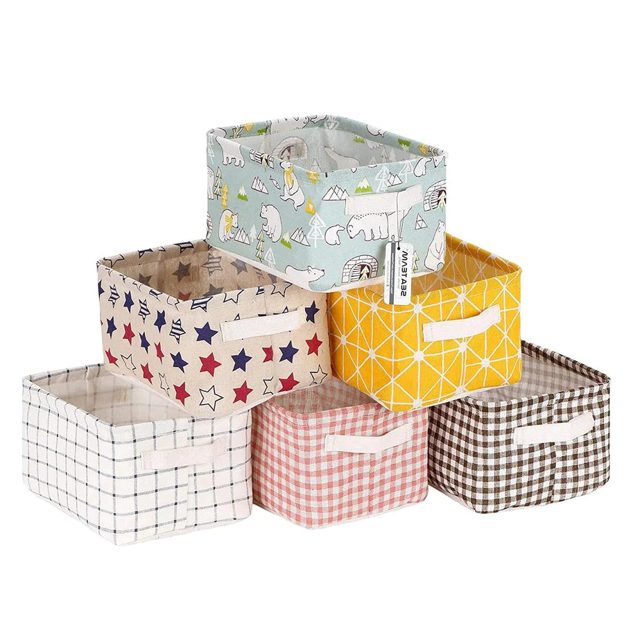 UK-0049 Canvas Fabric Foldable Mini Storage Basket - Small Collapsible Canvas Containers Organizers With Handle For Home-Multi Design