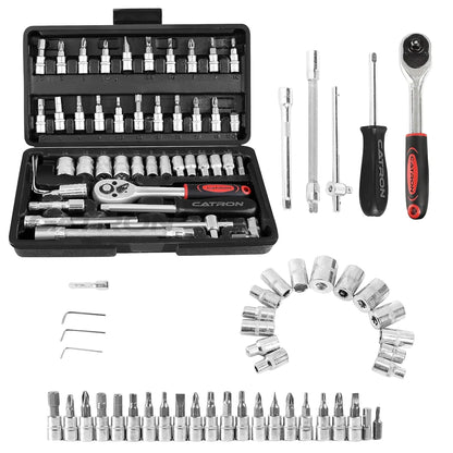 UK-0066 46 in 1 Heavy Duty 1/4" Combinational Ratchet Socket Wrench Spanner 46 Pieces Chrome Vanadium Hand Tool Kit Set For Repairing Work, DIY, Auto Repairs Car & Bike