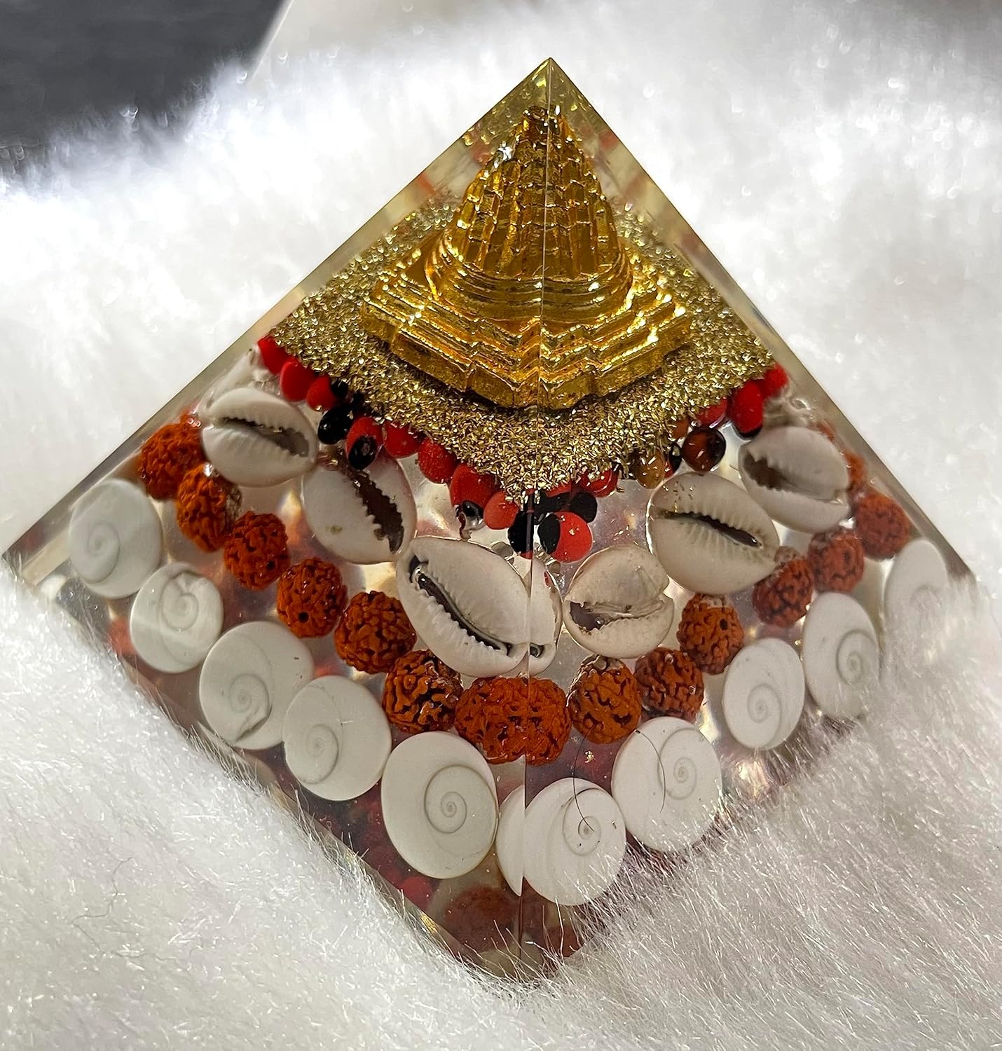 UK-0615  Shri Yantra Gomti Chakra Laxmi Pyramid -  Maha Laxmi Orgonite Pyramid with Shree Yantra - Pooja Supplies Vastu Items for Home with Rudraksha, Gomati Chakra (Wealth Pyramid For Business Gifting)