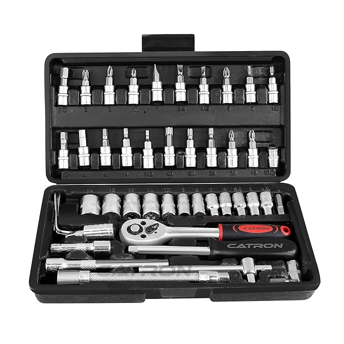 UK-0066 46 in 1 Heavy Duty 1/4" Combinational Ratchet Socket Wrench Spanner 46 Pieces Chrome Vanadium Hand Tool Kit Set For Repairing Work, DIY, Auto Repairs Car & Bike