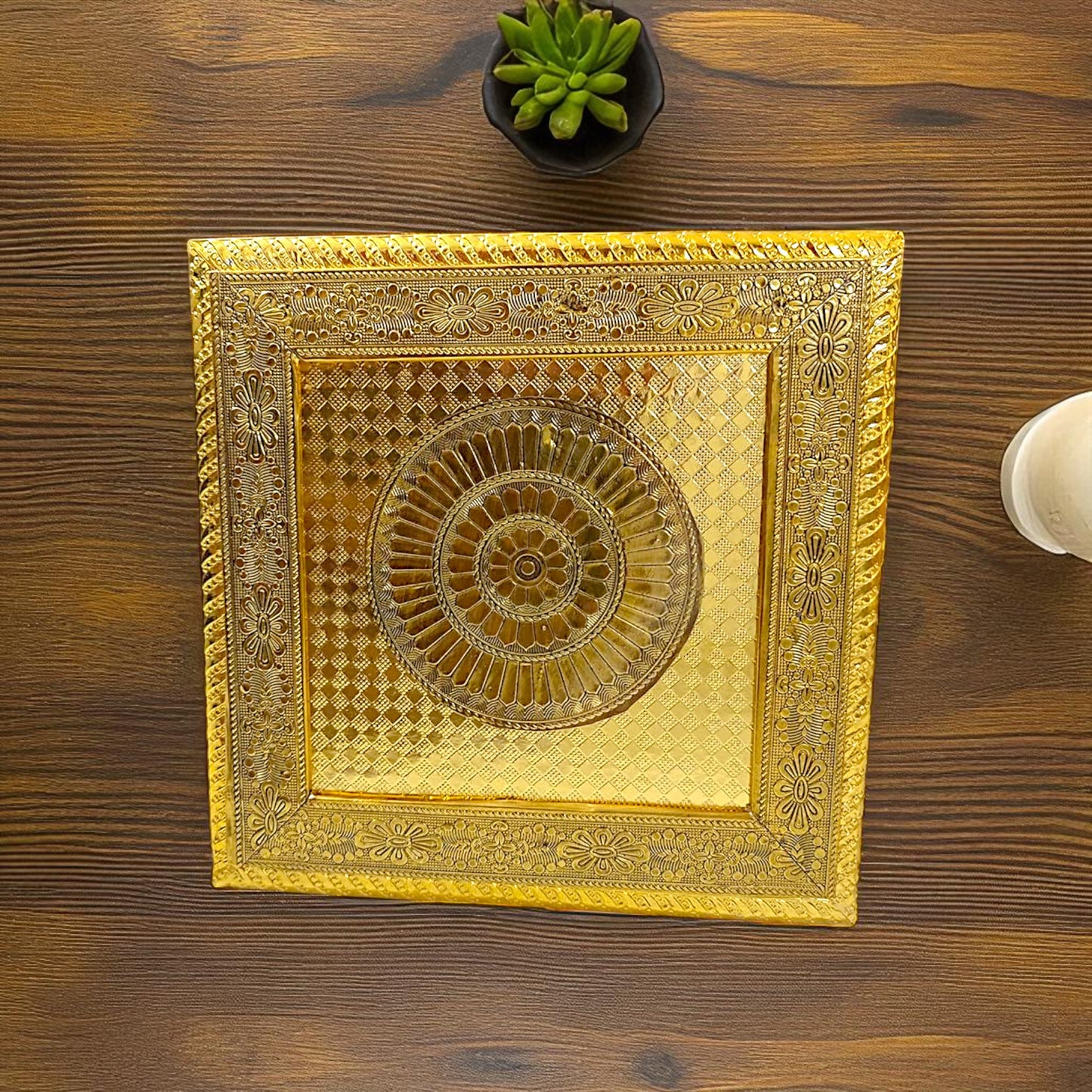 UK-1006 Golden - Square Pooja Chowki Patla/Bajot (20×20 CM / 1 Pc)