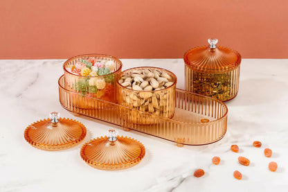 UK-1002 LUXURY Dry Fruit Transparent 3pc Jar with Lids & Stylish Tray (Mix Colour)