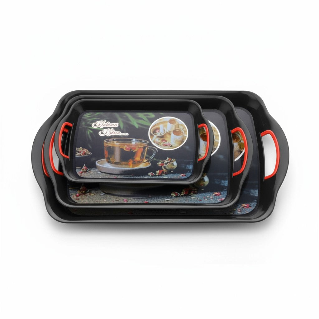 UK-0973 Premium Serving Tray Set of 3  Plastic Material Glossy Finish BPA Free Trays for Kitchen and Office and Home Decor