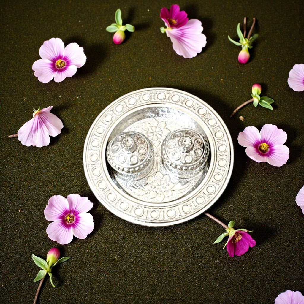 UK-1000 Silver Plated Haldi Kumkum Holder with Plate for Home Decorative Occasion for Festival (1PC MIX DESIGN)