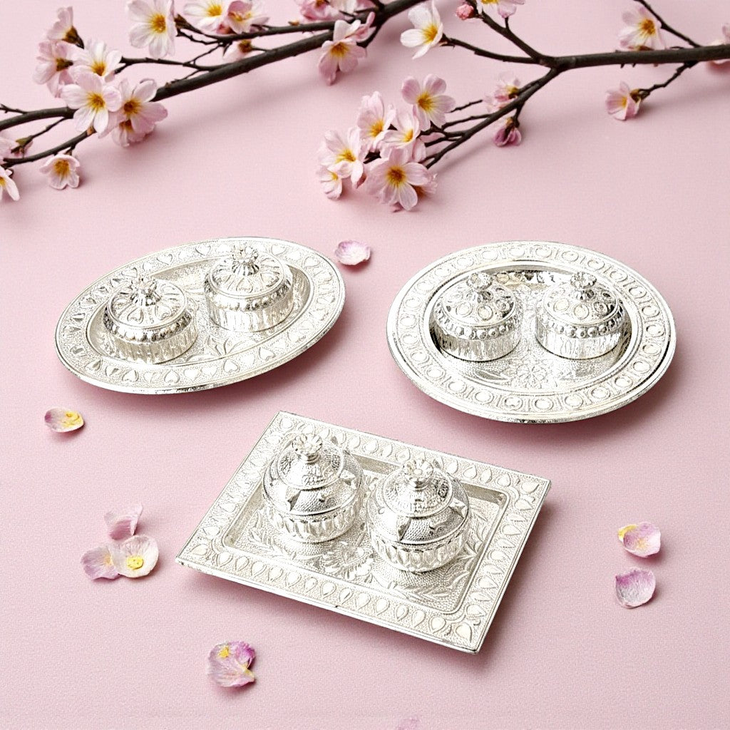 UK-1000 Silver Plated Haldi Kumkum Holder with Plate for Home Decorative Occasion for Festival (1PC MIX DESIGN)