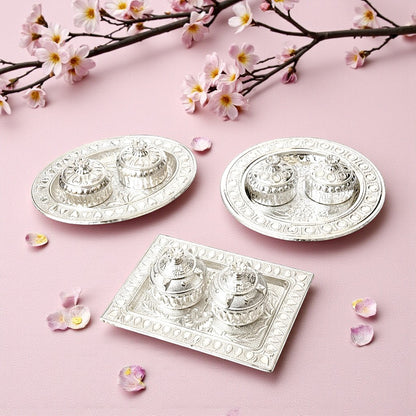 UK-1000 Silver Plated Haldi Kumkum Holder with Plate for Home Decorative Occasion for Festival (1PC MIX DESIGN)