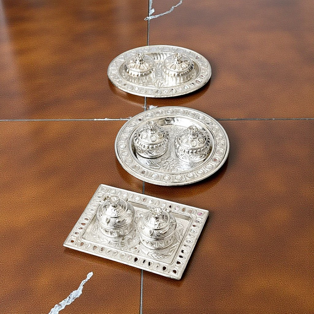 UK-1000 Silver Plated Haldi Kumkum Holder with Plate for Home Decorative Occasion for Festival (1PC MIX DESIGN)