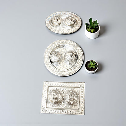 UK-1000 Silver Plated Haldi Kumkum Holder with Plate for Home Decorative Occasion for Festival (1PC MIX DESIGN)