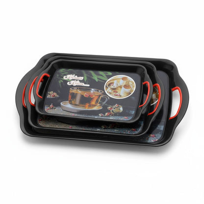 UK-0973 Premium Serving Tray Set of 3  Plastic Material Glossy Finish BPA Free Trays for Kitchen and Office and Home Decor
