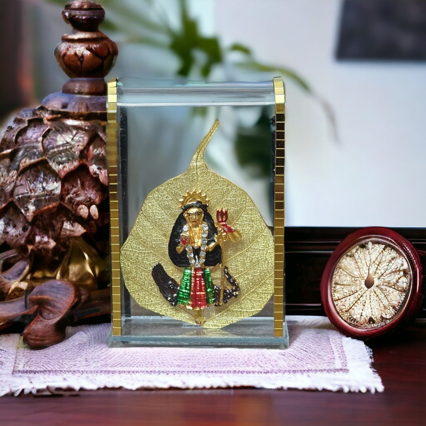 UK-0311 Car Dashboard Original pipal leaf with gold plated Idol Golden Lord Hindu Figurine Show peace Murti Idol Statue for office or home  (MIX GOD )