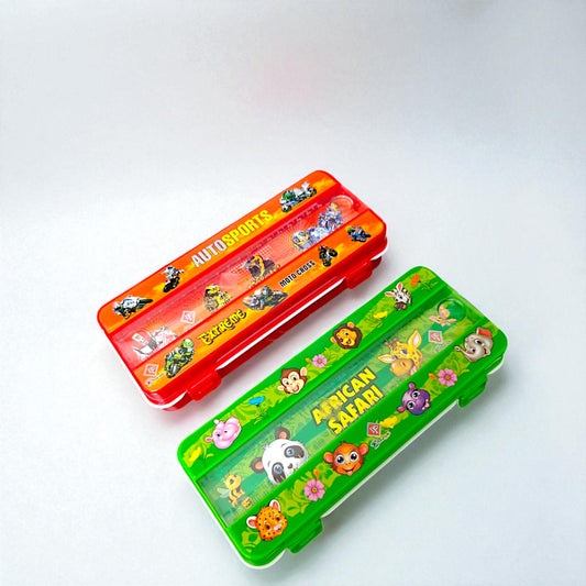UK-0934 Ruler Compass Box Plastic Two Iron Balls Car Racing Game on Front School Pencil | Geometry | Stationery Box with Single Lock Dual Compartment and a Stencil Partition Tray