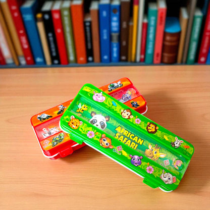UK-0934 Ruler Compass Box Plastic Two Iron Balls Car Racing Game on Front School Pencil | Geometry | Stationery Box with Single Lock Dual Compartment and a Stencil Partition Tray