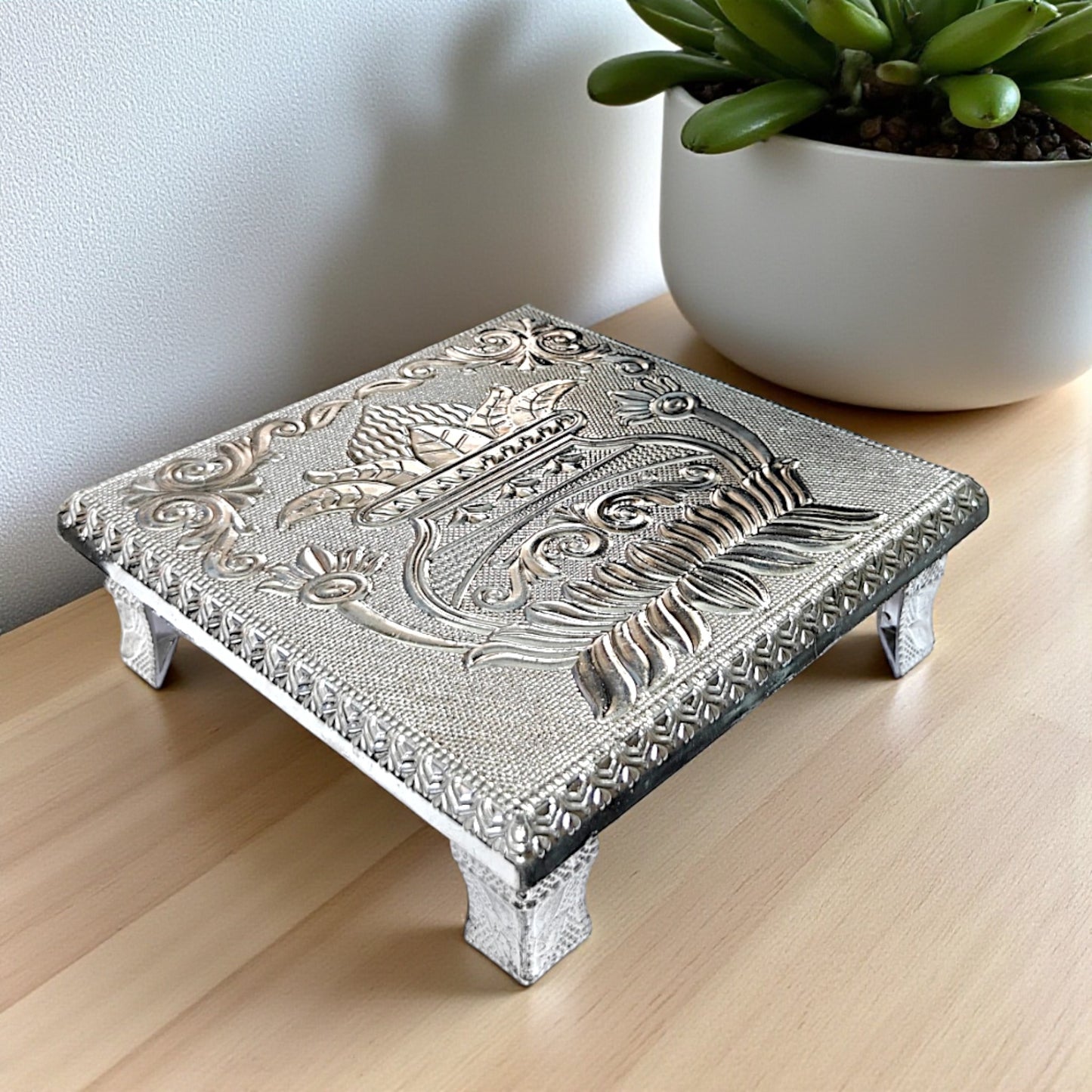 Antique Silver Kalash Design Chowki For All Purpose Bajot