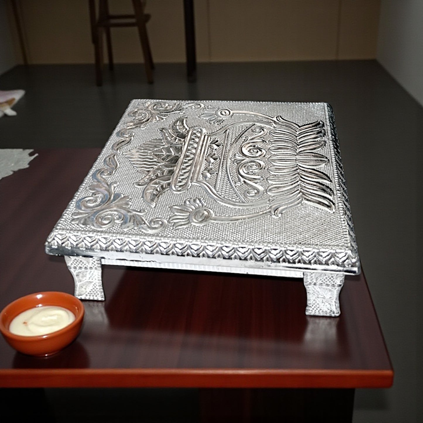 Antique Silver Kalash Design Chowki For All Purpose Bajot